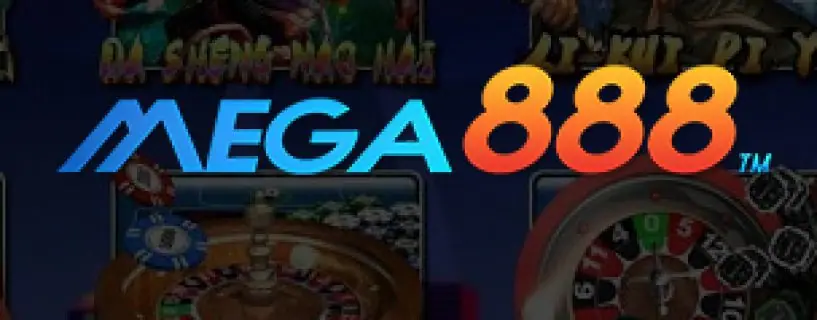 Mega888 logo in blue and orange over a faded background of the game lobby, a roulette wheel and casino chips