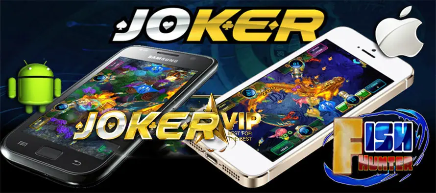 Joker VIP and Fish Hunter promo showing the fish shooting game on an Android phone and an iPhone side by side