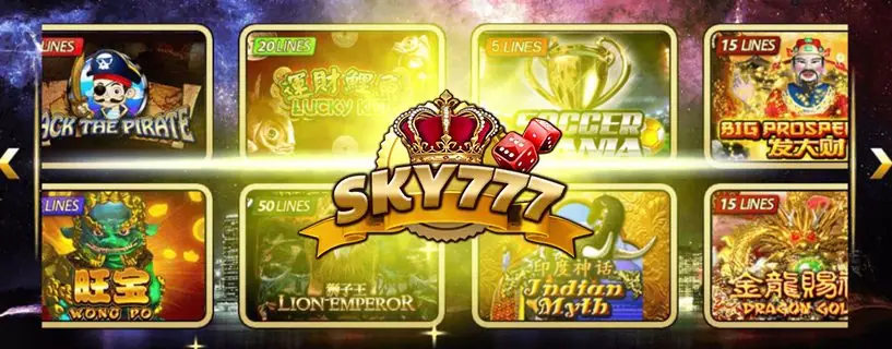 SKY777 banner with the crown logo over game tiles for Jack the Pirate, Lucky Koi, Soccer Mania, Big Prosperity, Wong Po, Lion Emperor, Indian Myth and Dragon Gold