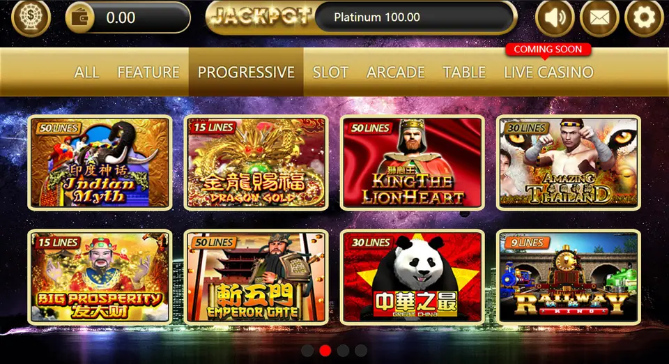 SKY777 lobby on the Progressive tab with tiles for Indian Myth, Dragon Gold, King the Lionheart, Amazing Thailand, Big Prosperity, Emperor Gate, Great China and Railway King, each showing its line count