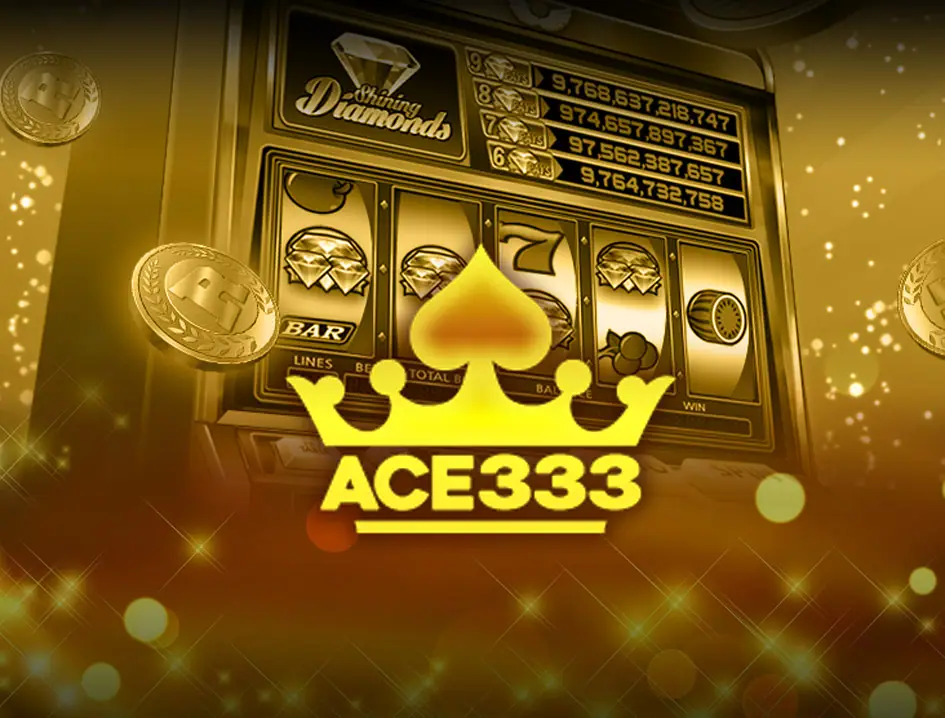 ACE333 crown logo in front of a Shining Diamonds slot machine with four stacked jackpot figures