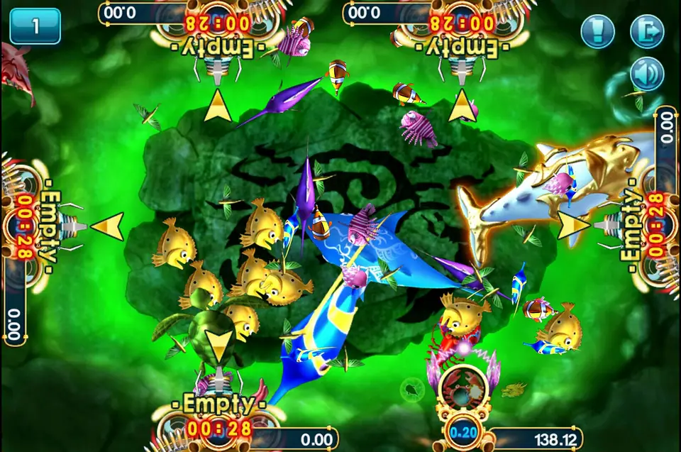 3Win8 fish shooting room with a golden shark, blue swordfish and schools of yellow fish, and five empty seats counting down around the edge
