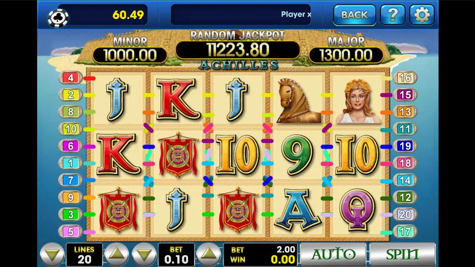 Achilles reels on 3Win8 with 20 coloured paylines, a 0.10 bet and the Random Jackpot meter above the reels