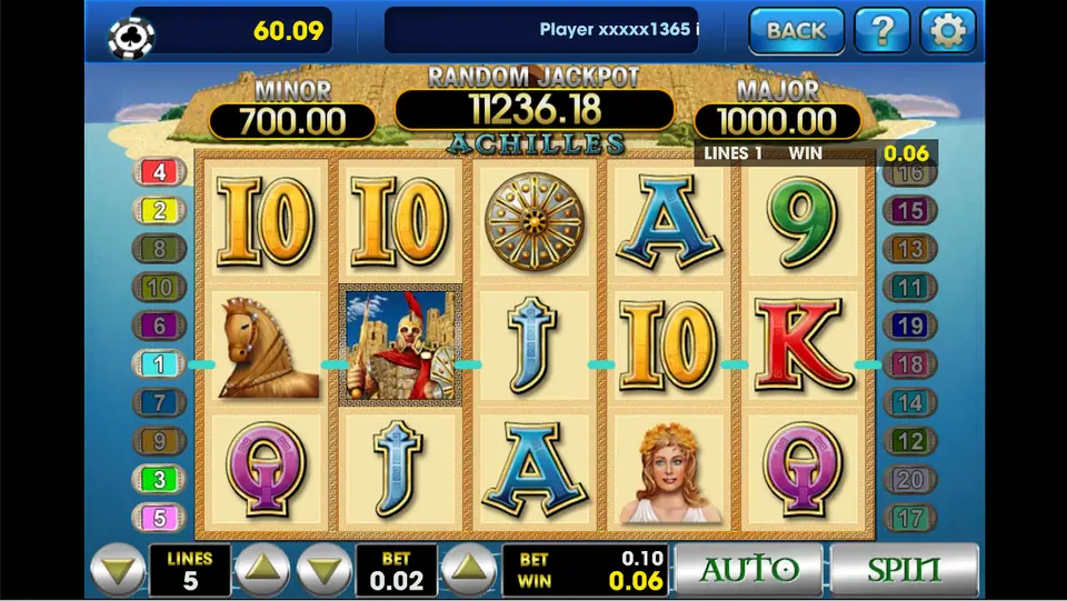 Achilles on 3Win8 paying 0.06 on line 1 with a Trojan horse and the Achilles wild