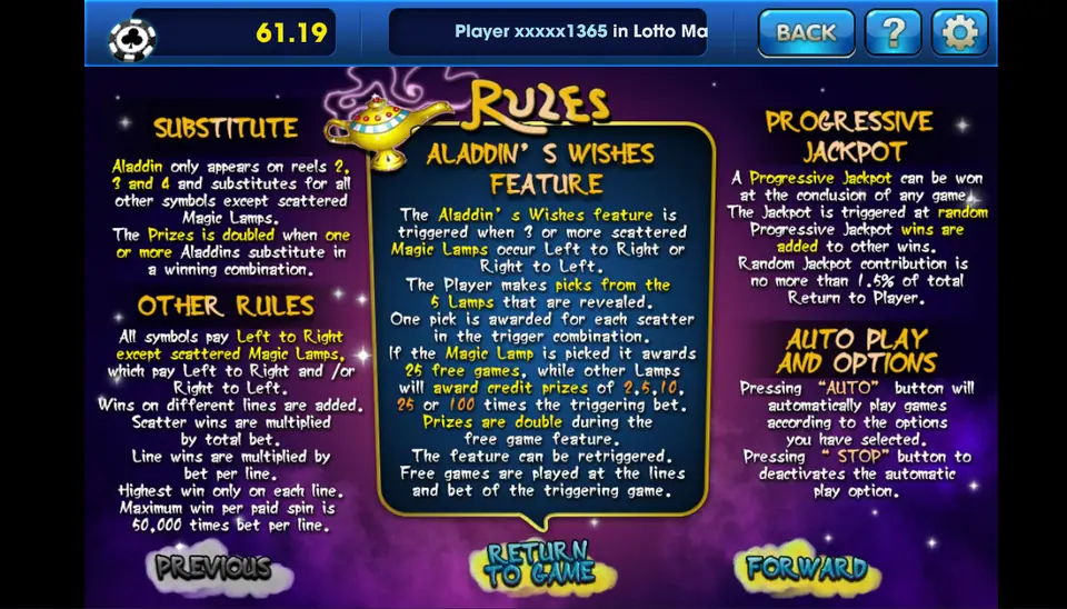 Aladdin's Wishes rules page on 3Win8 explaining the substitute, the lamp pick feature and the progressive jackpot