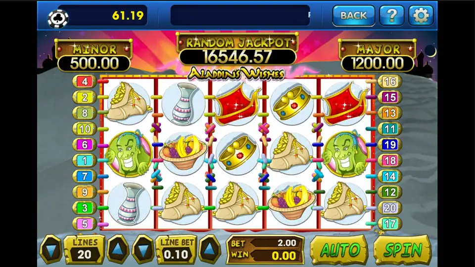 Aladdin's Wishes on 3Win8 with 20 lines at 0.10, the genie on reels 1 and 5, and Minor, Random Jackpot and Major meters