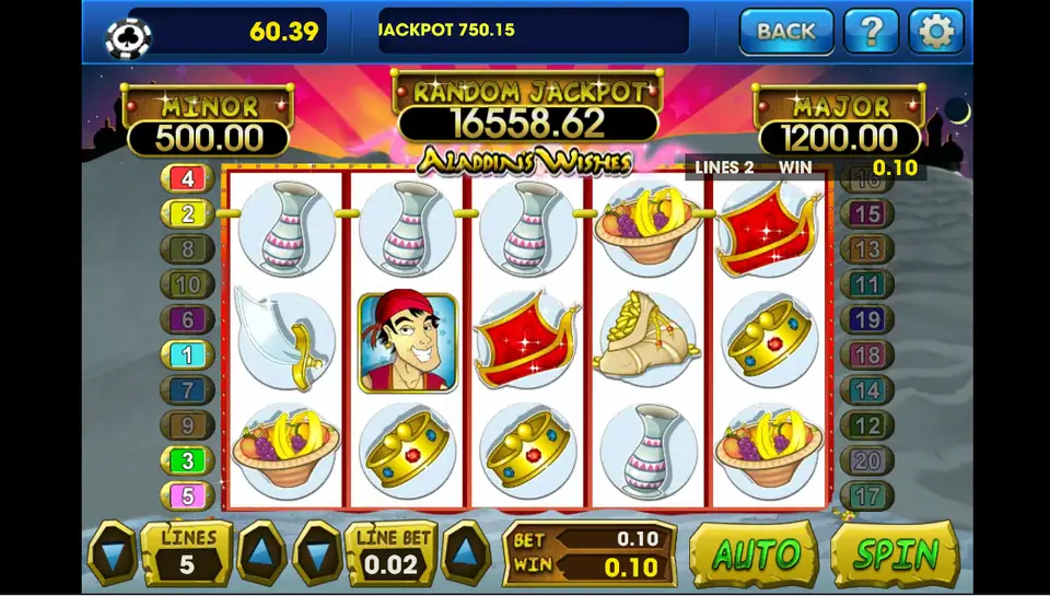 Aladdin's Wishes paying 0.10 on line 2 with three vases, 5 lines at 0.02