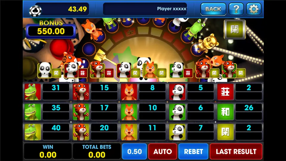 Animal Circus betting board on 3Win8 with odds for each animal and colour, Banker 2, Tie 26 and Player 2