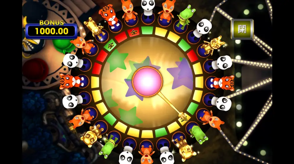 The Animal Circus ring on 3Win8 with the pointer spinning and the bonus pot at 1000.00