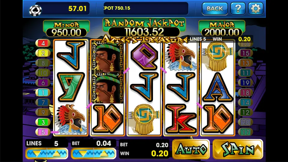 Aztec's Treasure paying 0.20 on line 5 with an eagle warrior and the Aztec King wild, 5 lines at 0.04