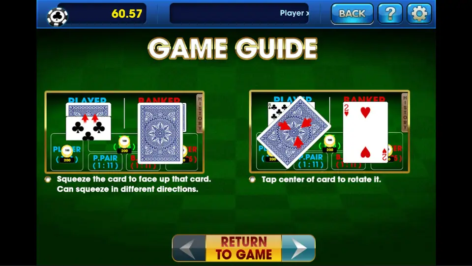 3Win8 baccarat Game Guide showing how to squeeze a card and tap it to rotate