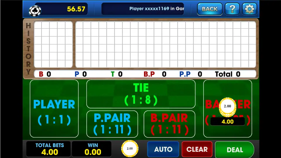 3Win8 baccarat betting board with a 2.00 chip, Banker bet of 4.00 and an empty history grid