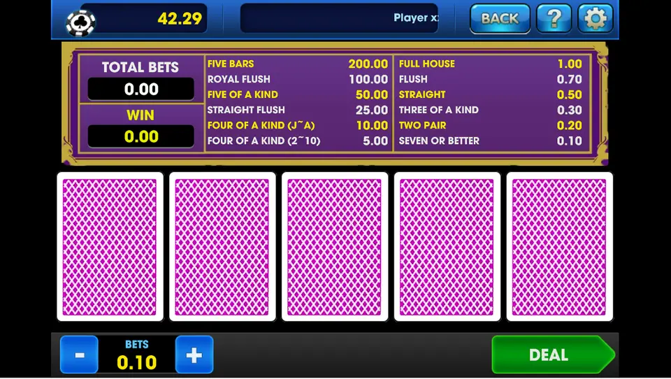 Big Shark video poker paytable on 3Win8 from Seven or Better up to Five Bars, with five face-down cards
