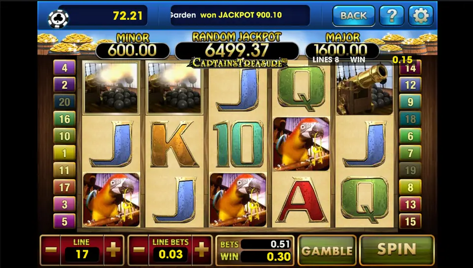 Captain's Treasure Pro paying 0.30 on 17 lines at 0.03, with two cannons on the top row and the Gamble button lit