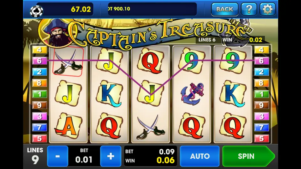 Captain's Treasure classic paying 0.02 on line 6 from a single crossed swords symbol at 0.01 per line