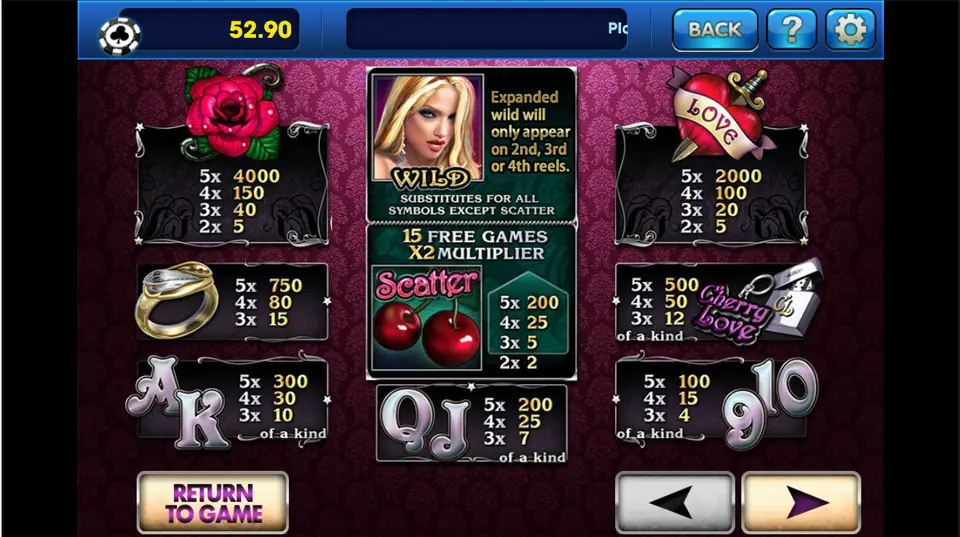 Cherry Love paytable on 3Win8 with the rose, heart-and-dagger, ring, padlock, cherry scatter and the expanding wild