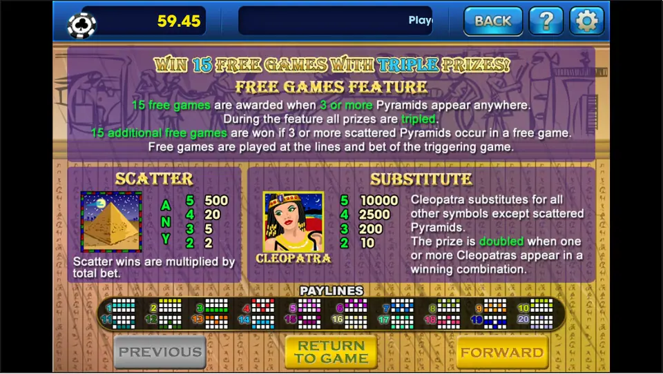 Cleopatra's Gold free games rules on 3Win8: 15 free games with triple prizes, the pyramid scatter and the Cleopatra substitute