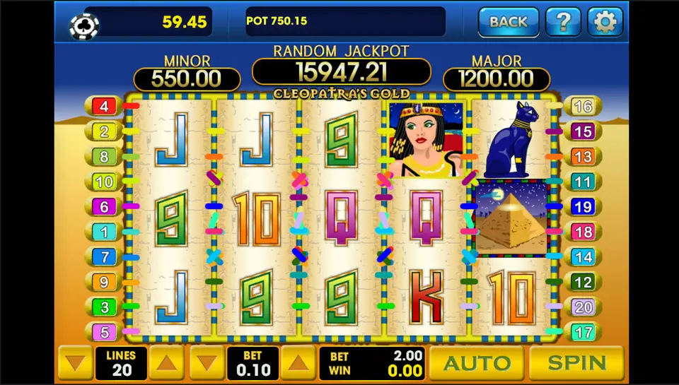 Cleopatra's Gold on 3Win8 with 20 lines at 0.10, a 2.00 bet, Cleopatra and the black cat on the reels and a pyramid on reel 5