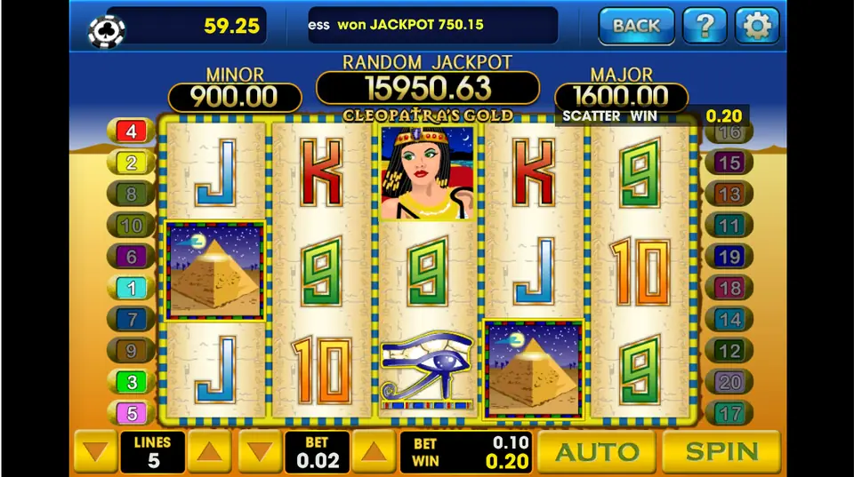 Two pyramid scatters paying 0.20 on Cleopatra's Gold, 5 lines at 0.02