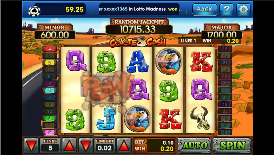 Coyote Cash paying 0.20 on line 1 with a cartoon explosion over the first reels, 5 lines at 0.02