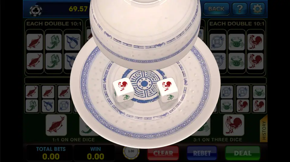 The porcelain bowl lifting over two Fish Prawn Crab dice showing roosters on 3Win8