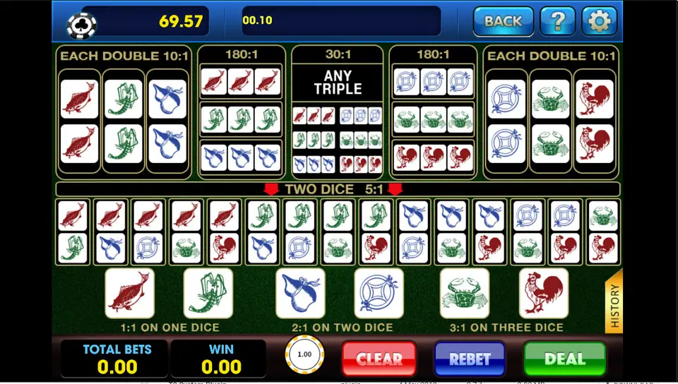 The full Fish Prawn Crab betting board on 3Win8 with singles, Two Dice, Each Double, Triple and Any Triple areas
