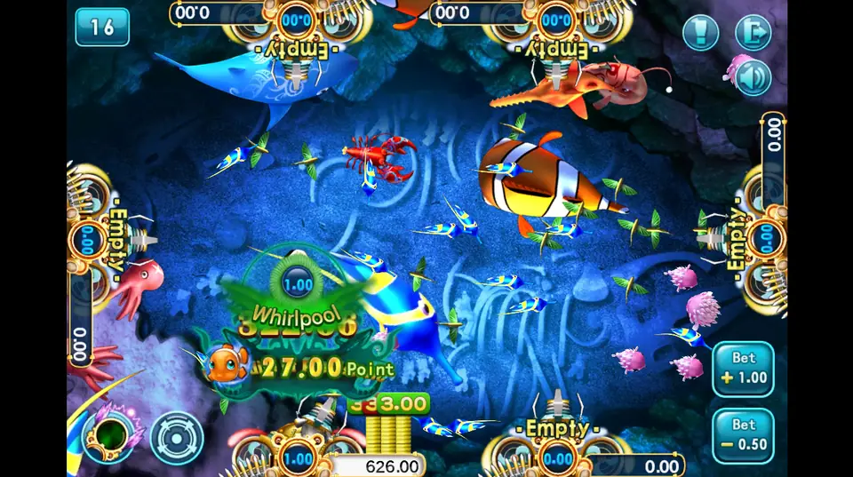 Hai Yang Bu Yu Tian Di on 3Win8 showing a Whirlpool catch worth 27.00 points and the Bet +1.00 and Bet -0.50 buttons