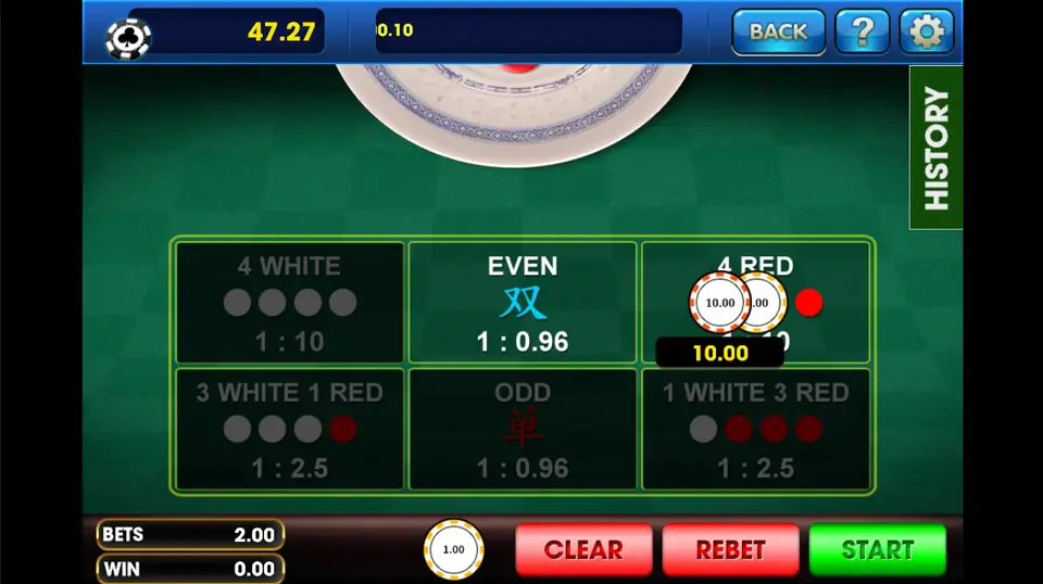 Sedie betting board on 3Win8 with chips on 4 Red and the Even and Odd boxes marked 1:0.96
