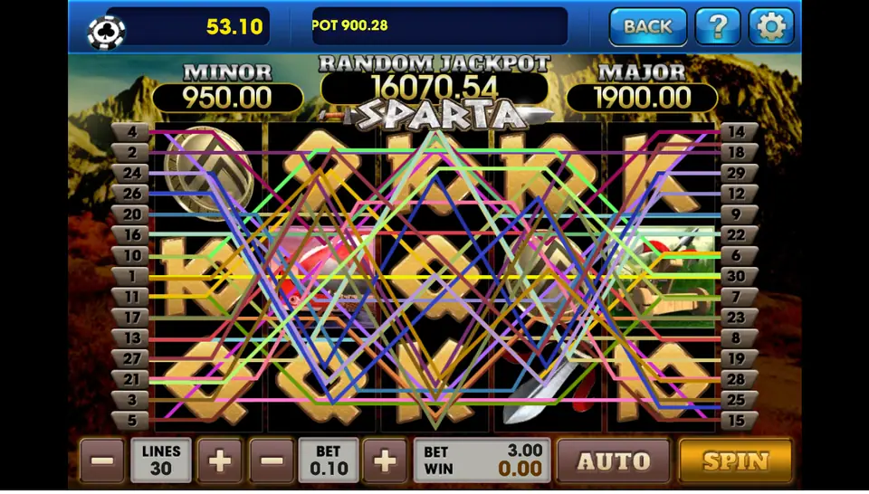 Sparta on 3Win8 with all 30 paylines drawn, 0.10 per line and a 3.00 total bet