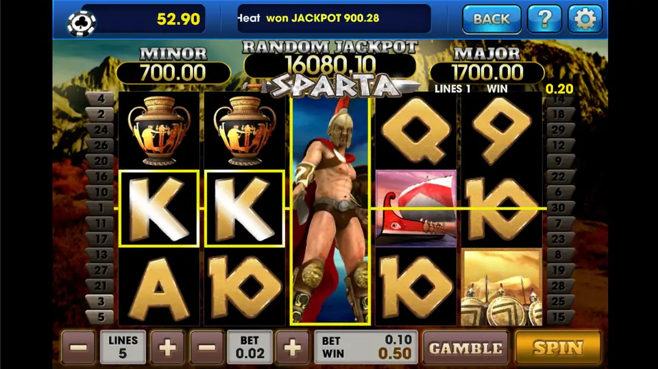 Sparta on 3Win8 with the Spartan wild expanded over reel 3, completing a line of Ks and paying 0.50 on 5 lines at 0.02