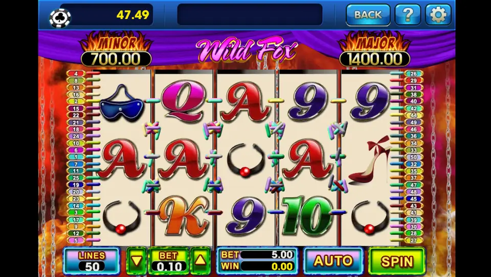 Wild Fox reels on 3Win8 with a blue mask, red high heel, collar and card symbols on 50 lines at 0.10