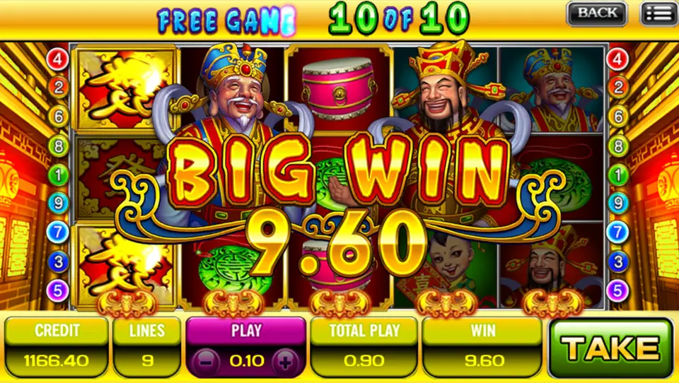 Free Game 10 of 10 screen in an ACE333 slot, with a Big Win 9.60 banner over two God of Wealth figures and the Credit, Lines, Play and Take buttons