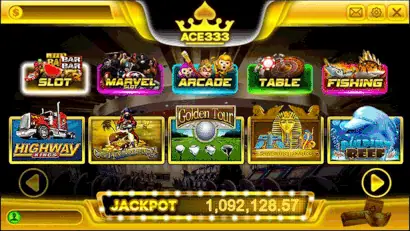 ACE333 lobby with Slot, Arcade, Table and Fishing buttons, a row of game tiles including Highway Kings, Golden Tour and Dolphin Reef, and a jackpot counter