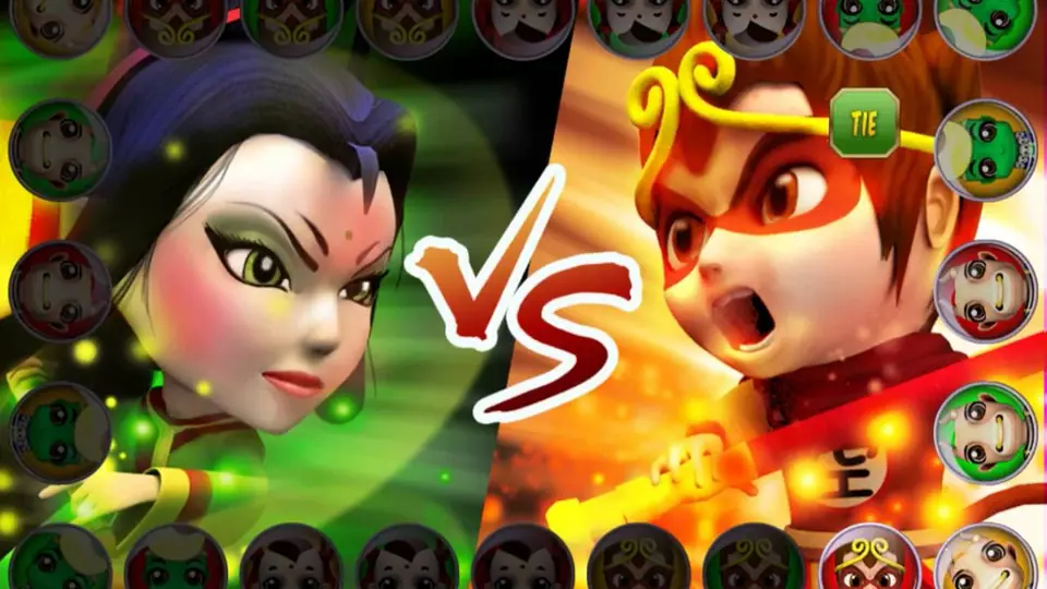 3Win8 promo art of a cartoon Monkey King facing a green-faced sorceress under a large VS sign, with round character icons around the edge