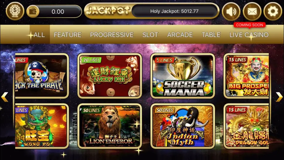 SKY777 lobby on the All tab with Jack the Pirate, Lucky Koi, Soccer Mania, Big Prosperity, Wong Po, Lion Emperor, Indian Myth and Dragon Gold tiles and a Holy Jackpot bar