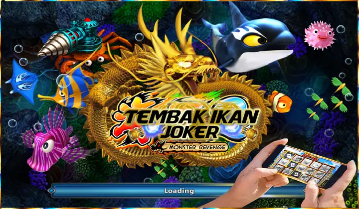 Tembak Ikan Joker Monster Revenge loading screen with a golden dragon coiled around the logo, a killer whale, lionfish and a drill-cannon crab