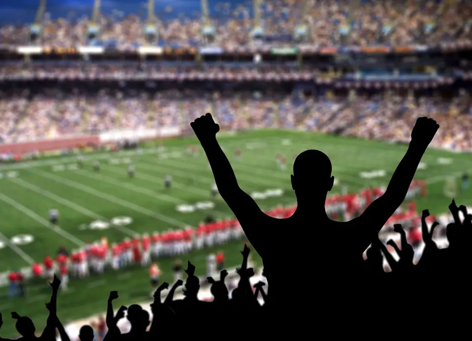 Silhouette of a sports fan with both fists raised in front of a packed stadium and a football field