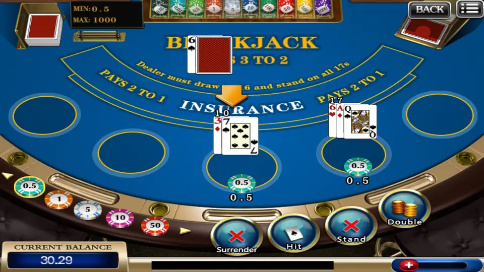 918Kiss Blackjack table with two boxes in play, dealer showing a six and Surrender, Hit, Stand and Double buttons