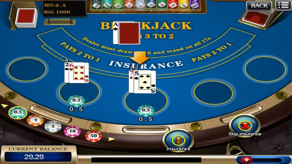 Insurance prompt on 918Kiss Blackjack after the dealer shows an ace, with Insurance and Skip insurance buttons