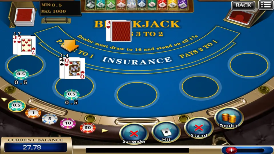 Two hands in play on the 918Kiss Blackjack table, one on 17 and one on 14, with the dealer showing a three