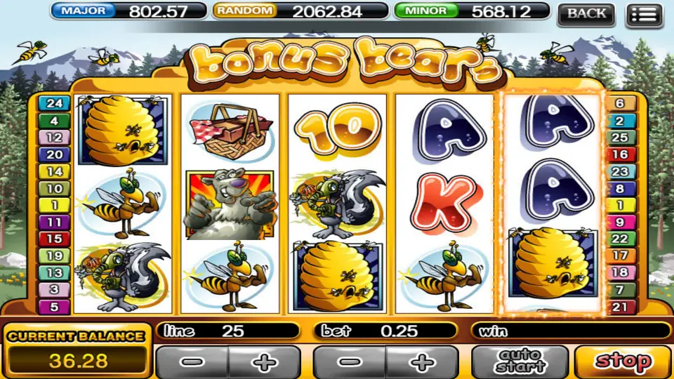 Bonus Bears reels in 918Kiss showing the grizzly bear, picnic basket, beehives and several bee symbols