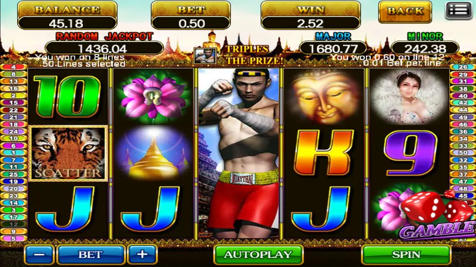 Eight-line win of 2.52 on 918Kiss Amazing Thailand with the 'Triples the prize' message and the Gamble button