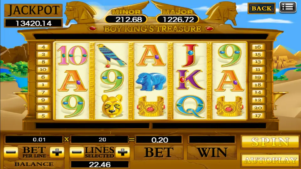 Boy King's Treasure on 918Kiss with falcon, lion mask, blue hippo and gold cuff symbols between two sphinx statues