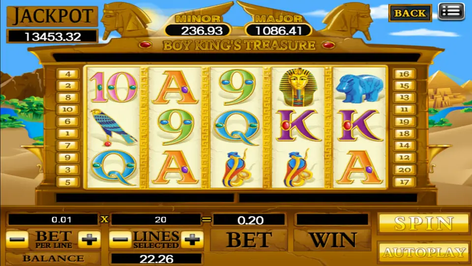 Boy King's Treasure reels on 918Kiss with the gold pharaoh mask, falcon and cobra symbols
