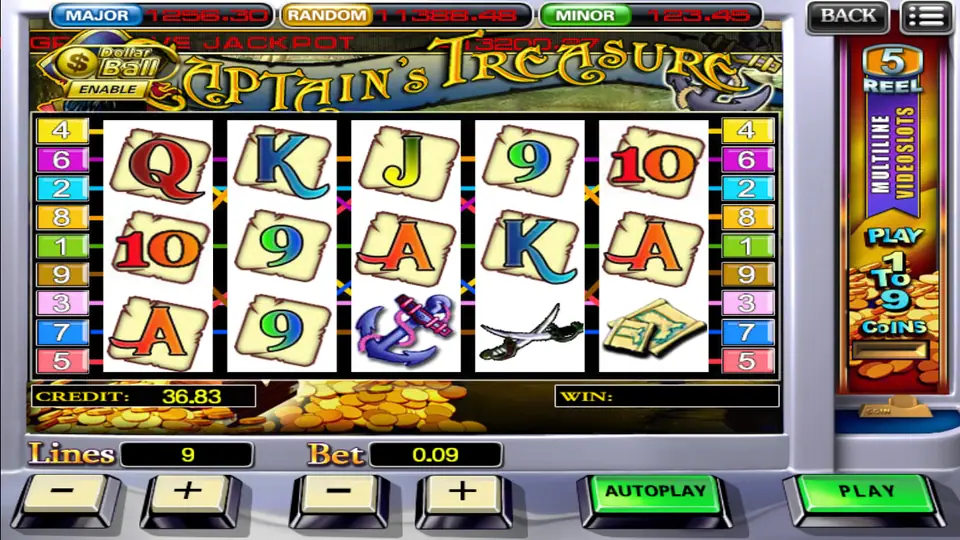 Captain's Treasure on 918Kiss with parchment card symbols, an anchor, crossed swords and a treasure map on 5 reels, 9 lines