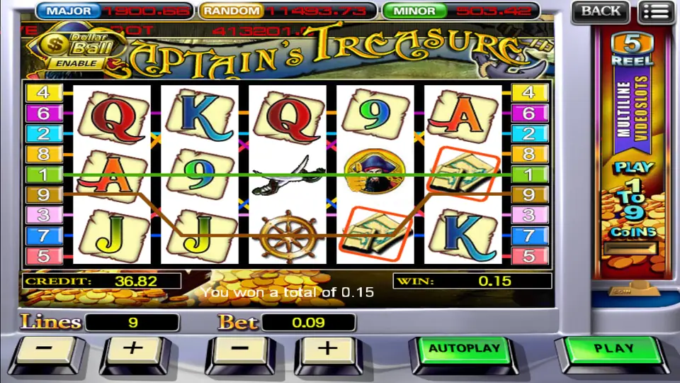 A 0.15 win on 918Kiss Captain's Treasure with the captain on reel 4 and treasure maps highlighted on two lines