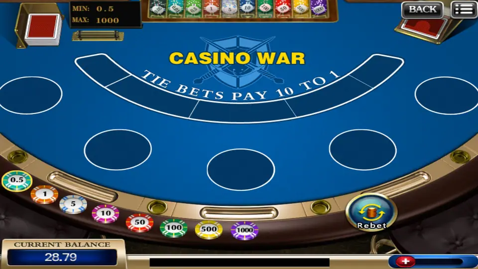 918Kiss Casino War table in blue with five empty betting boxes, 'Tie bets pay 10 to 1' printed on the felt and a chip rack