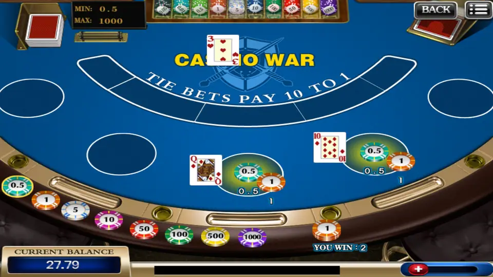 Casino War round on 918Kiss: dealer shows a 3, player boxes show a queen and a ten, 'You win: 2'