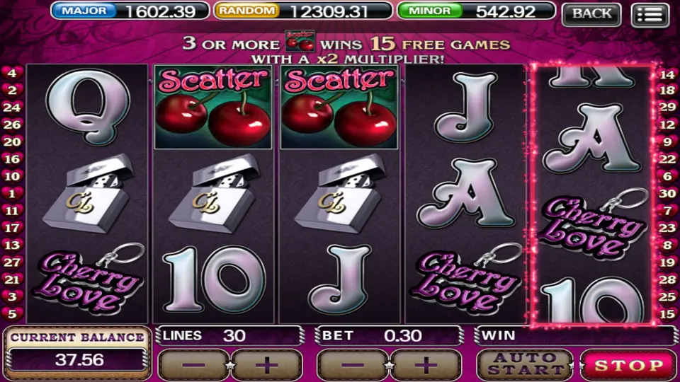 Cherry Love on 918Kiss with two cherry scatters on reels 2 and 3 and the '3 or more wins 15 free games with a x2 multiplier' banner