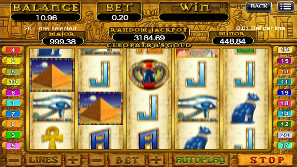 Cleopatra's Gold spinning on 918Kiss at 0.01 per line, with pyramids, Eye of Horus and blue cat symbols